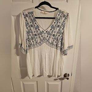 Westbound White Blouse with Blue Embroidery